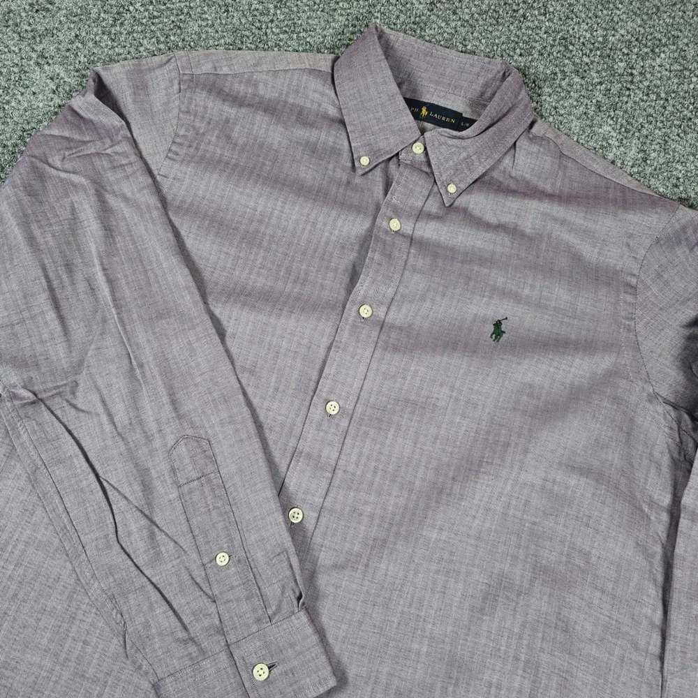 Polo Ralph‎ Lauren Mens Button Down Shirt Purple Herringbone Classic Fit Size L